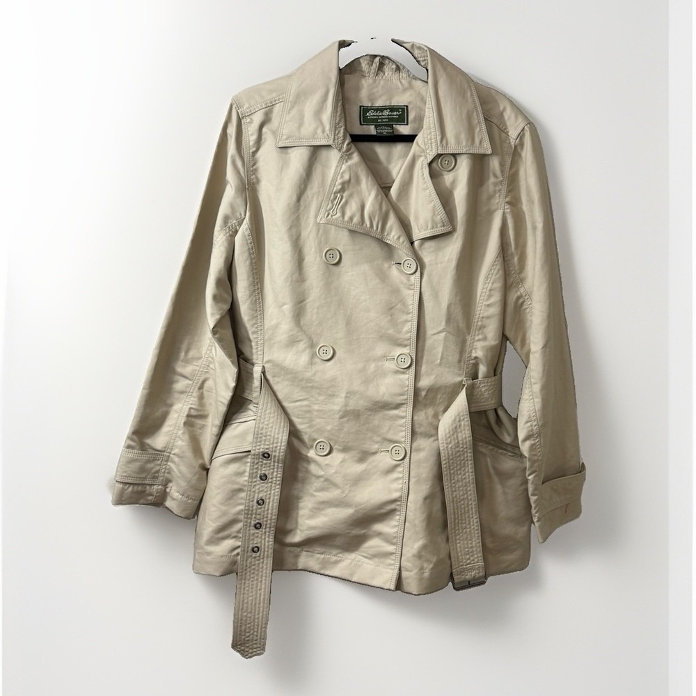 Eddie Bauer Jacket Women's‎ XL Beige Trench Belted Double Breasted Minimalist